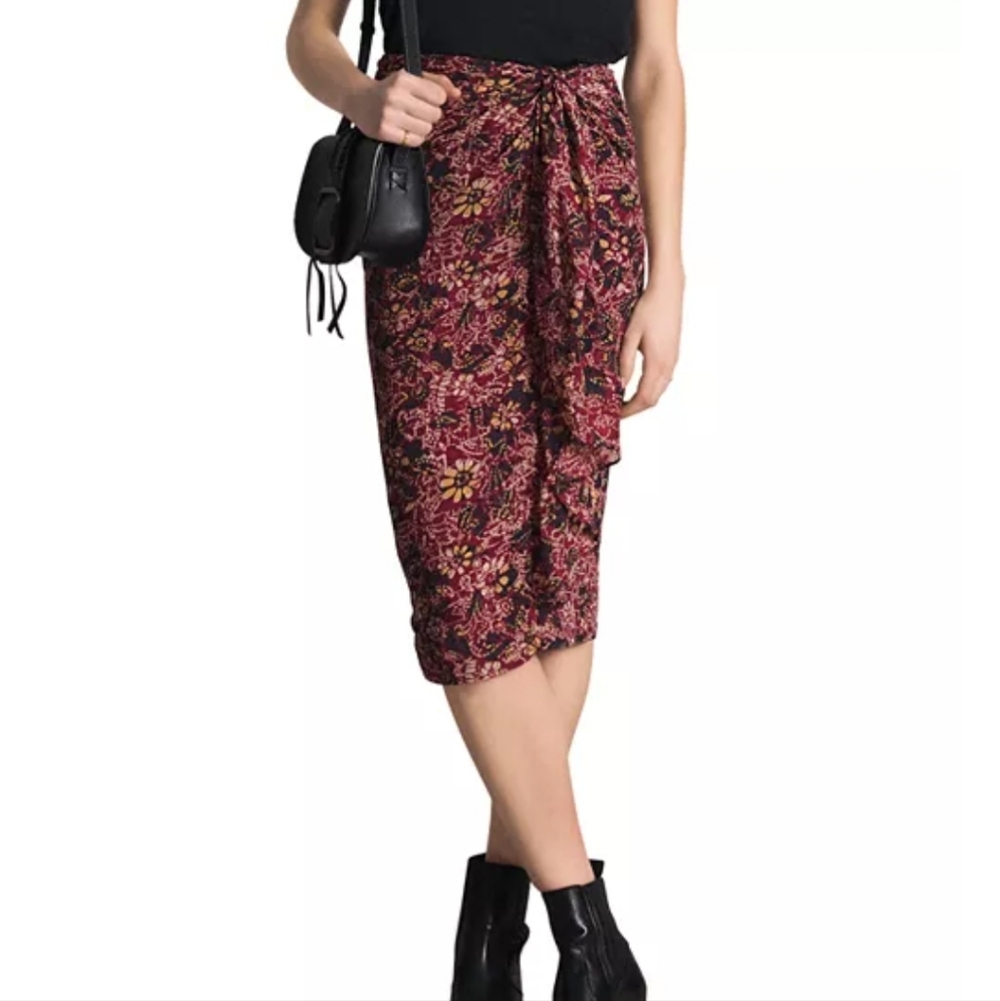 Ba&sh Galia Bordeaux Floral Print Midi Skirt, Size XS